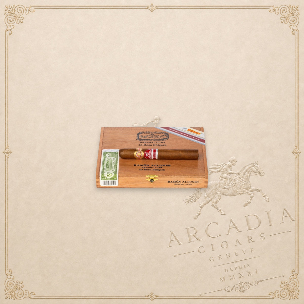 Arcadia Cigars Ramon Allones Rosa Bulgara cigar resting on its wooden box with regional edition branding