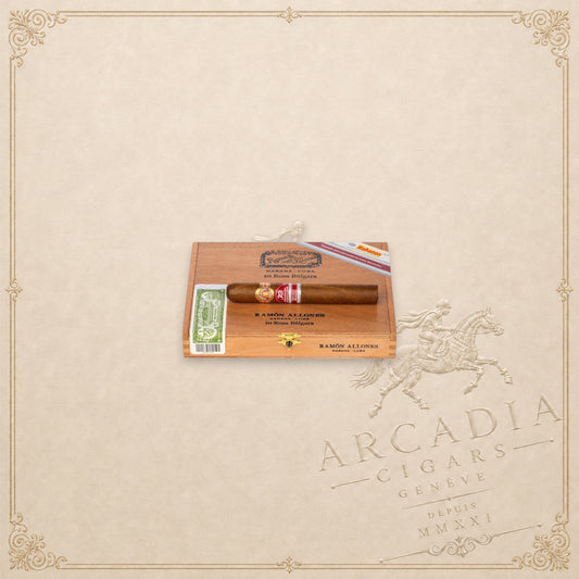 Arcadia Cigars Ramon Allones Rosa Bulgara cigar resting on its wooden box with regional edition branding