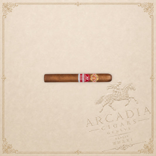 Arcadia Cigars Ramon Allones Rosa Bulgara Edicion Regional 2025 cigar with detailed red and gold anniversary bands.