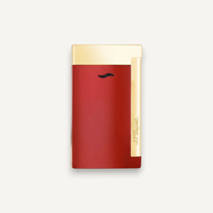 Arcadia Cigars red lacquered S.T. Dupont Slim 7 lighter with gold trim and single torch flame.