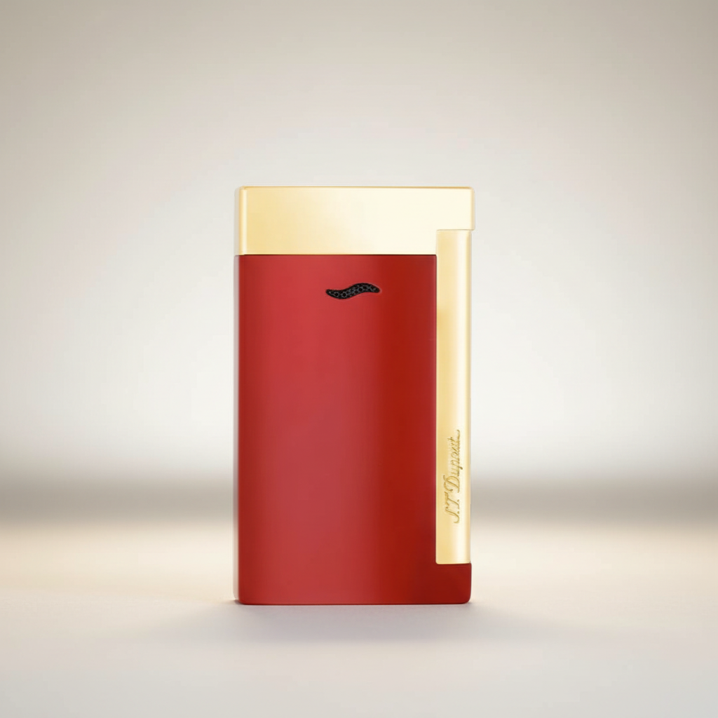 Arcadia Cigars red lacquered S.T. Dupont Slim 7 lighter with gold trim and single torch flame.