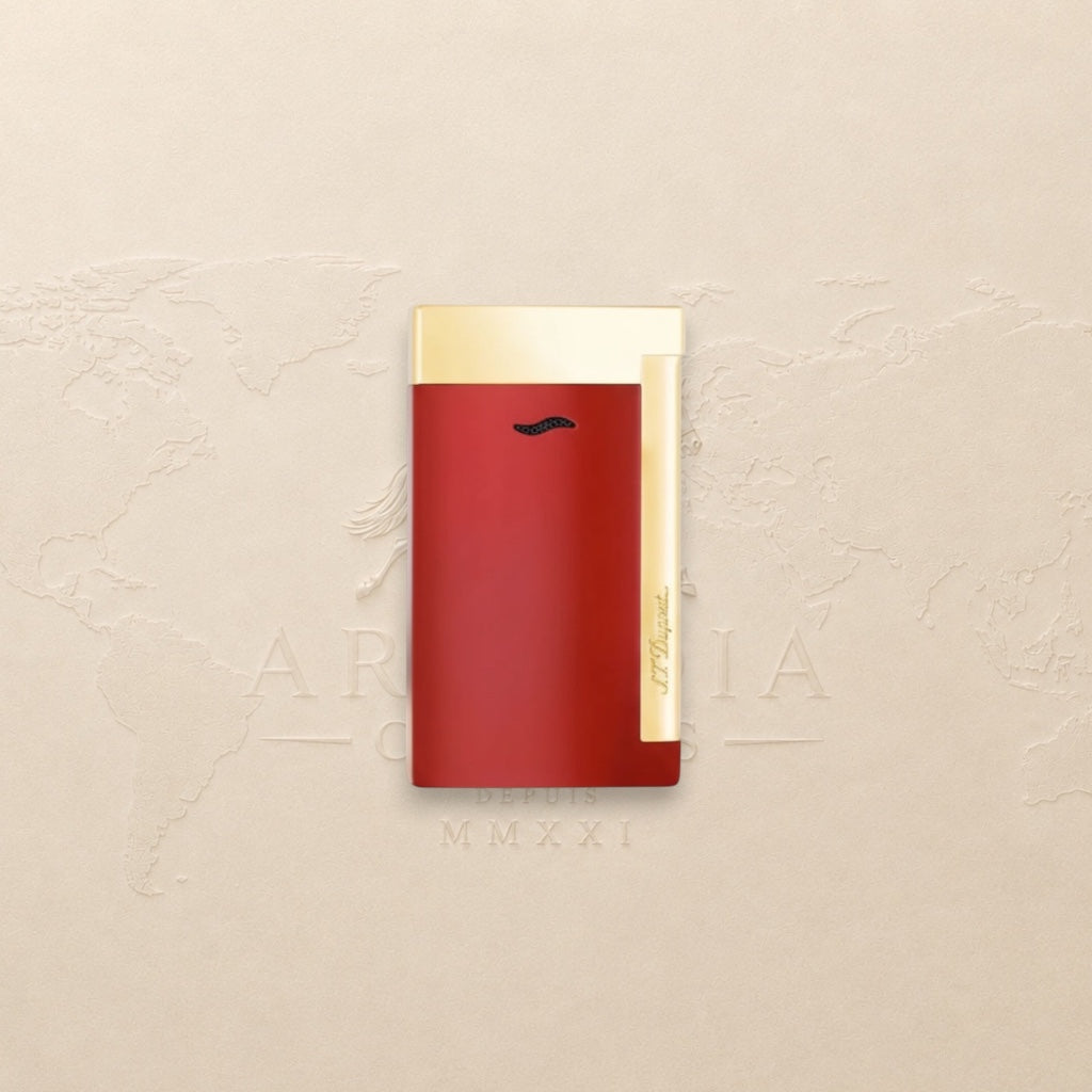 Arcadia Cigars red lacquered S.T. Dupont Slim 7 lighter with gold trim and single torch flame.