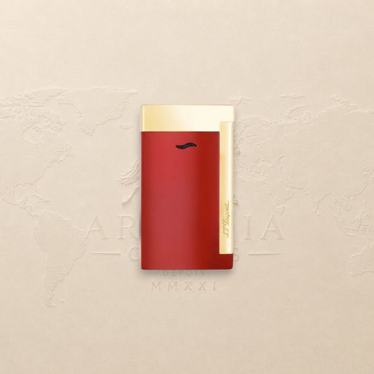 Arcadia Cigars red lacquered S.T. Dupont Slim 7 lighter with gold trim and single torch flame.
