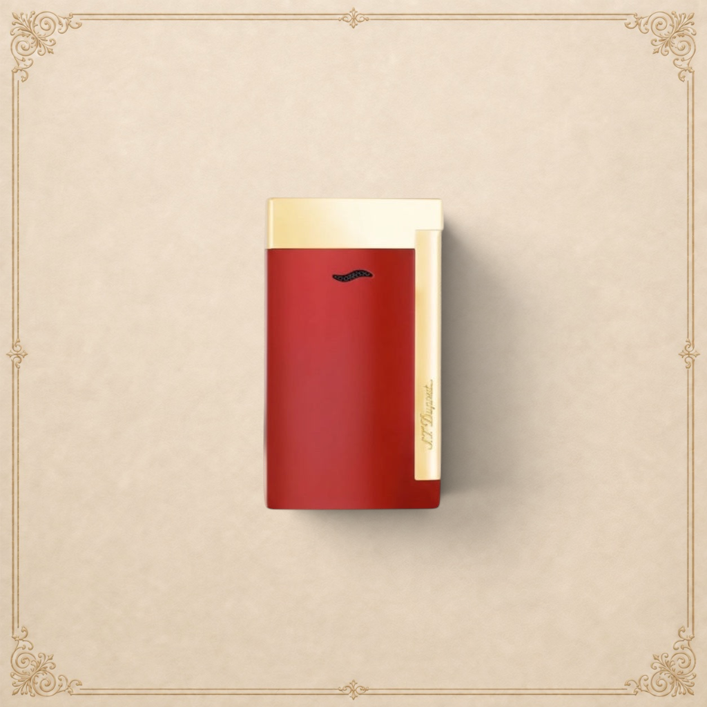 Arcadia Cigars red lacquered S.T. Dupont Slim 7 lighter with gold trim and single torch flame.