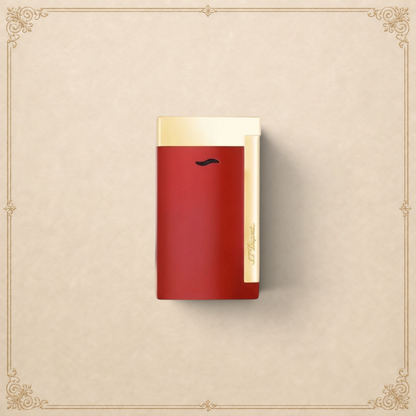Arcadia Cigars red lacquered S.T. Dupont Slim 7 lighter with gold trim and single torch flame.