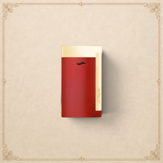 Arcadia Cigars red lacquered S.T. Dupont Slim 7 lighter with gold trim and single torch flame.