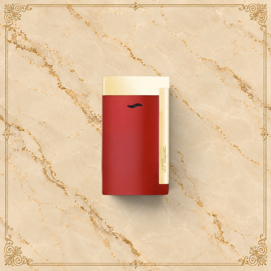 Arcadia Cigars red lacquered S.T. Dupont Slim 7 lighter with gold trim and single torch flame.