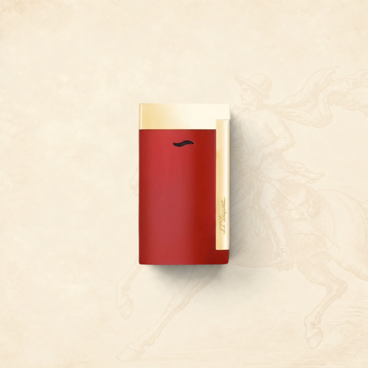 Arcadia Cigars red lacquered S.T. Dupont Slim 7 lighter with gold trim and single torch flame.