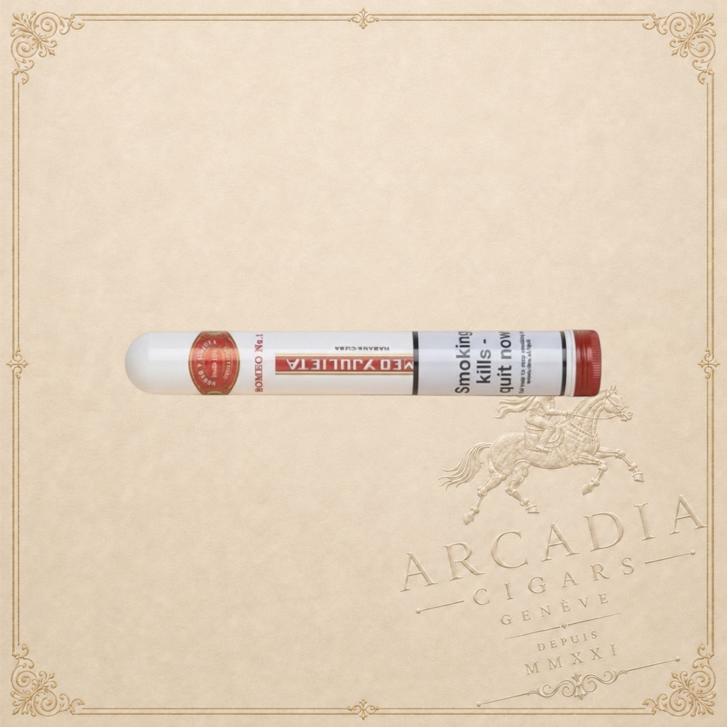 Arcadia Cigars Romeo y Julieta No. 1 Petit Corona cigar in a white tube with red cap. Notes of cedar, cream, spice.