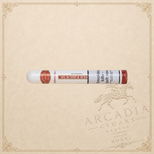 Arcadia Cigars Romeo y Julieta No. 1 Petit Corona cigar in a white tube with red cap. Notes of cedar, cream, spice.
