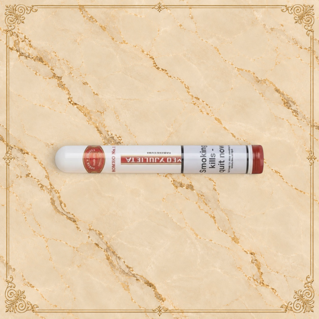 Arcadia Cigars Romeo y Julieta No. 1 Petit Corona cigar in a white tube with red cap. Notes of cedar, cream, spice.