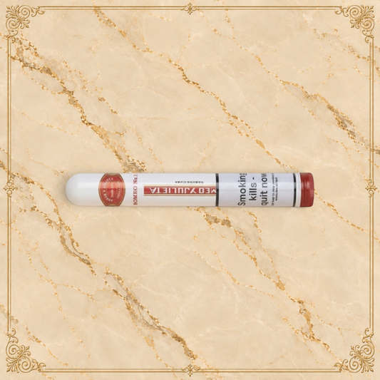 Arcadia Cigars Romeo y Julieta No. 1 Petit Corona cigar in a white tube with red cap. Notes of cedar, cream, spice.