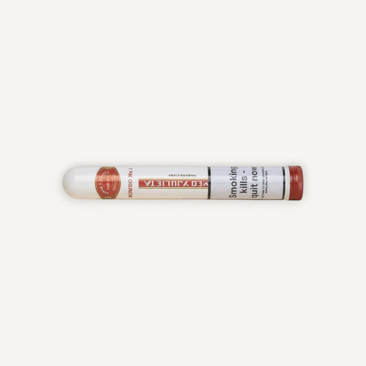 Arcadia Cigars Romeo y Julieta No. 1 Petit Corona cigar in a white tube with red cap. Notes of cedar, cream, spice.