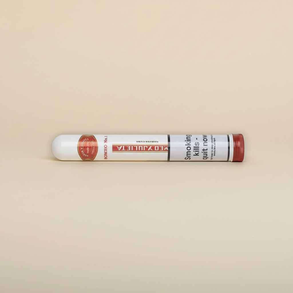 Arcadia Cigars Romeo y Julieta No. 1 Petit Corona cigar in a white tube with red cap. Notes of cedar, cream, spice.