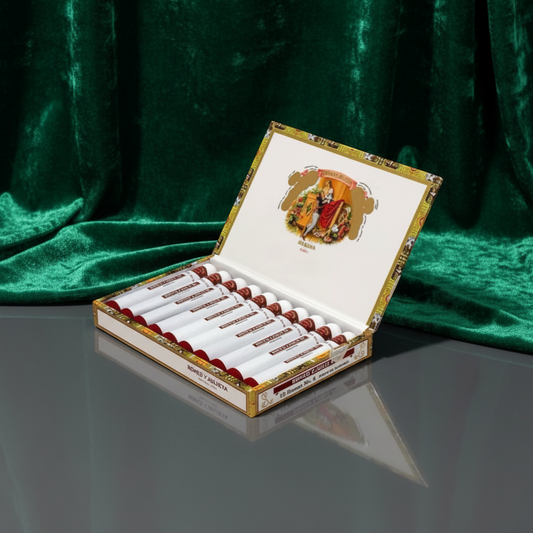 Arcadia Cigars Romeo y Julieta No. 2 Petit Corona Tubos cigars in a box. Smooth, elegant Cuban cigars with cedar and nut notes.