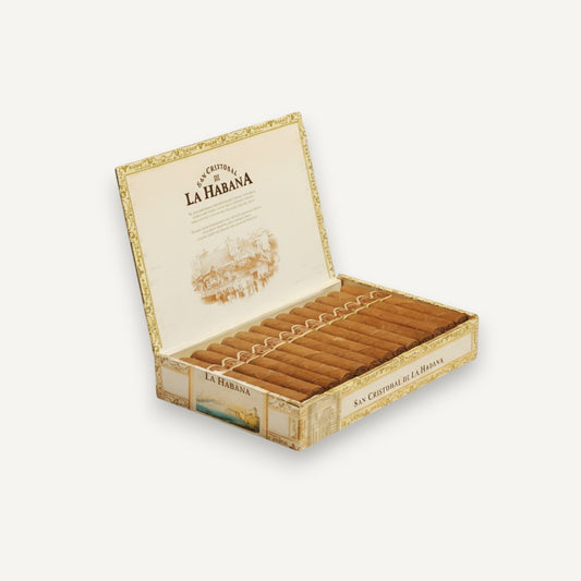 Arcadia Cigars San Cristobal de la Habana La Fuerza robusto extra cigars in an open box.
