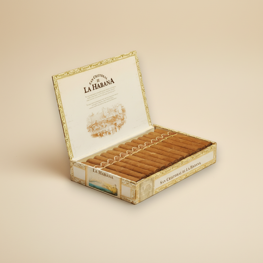 Arcadia Cigars San Cristobal de la Habana La Fuerza robusto extra cigars in an open box.