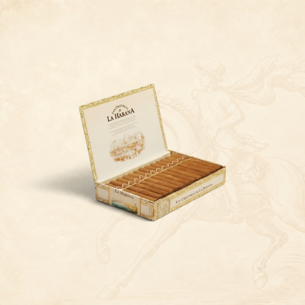 Arcadia Cigars San Cristobal de la Habana La Fuerza robusto extra cigars in an open box.