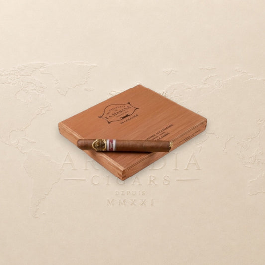 Arcadia Cigars San Cristóbal de la Habana La Cabaña Edición Regional Cuba 2019 cigar on wooden box. Medium-bodied with cream, cedar, and spice notes.