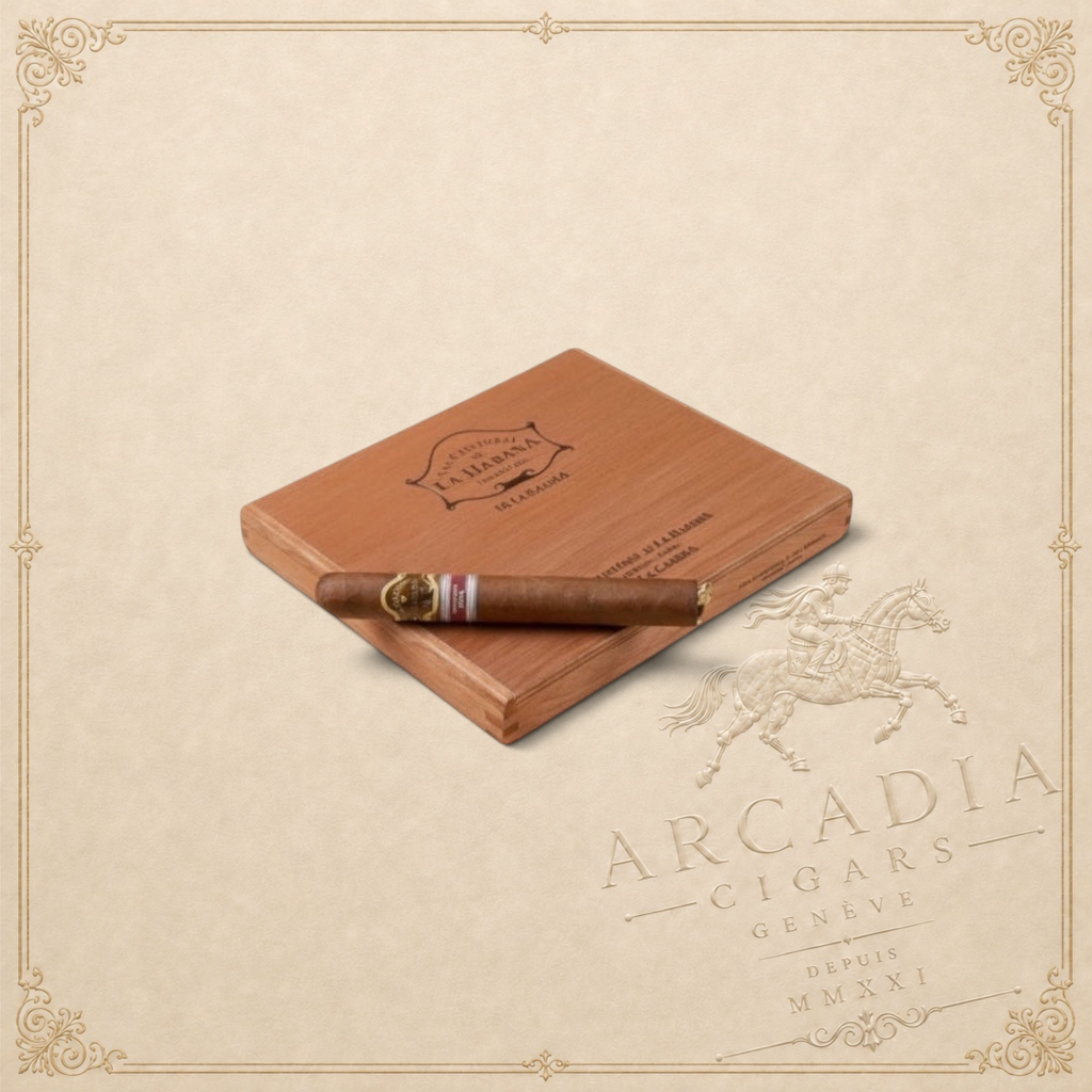 Arcadia Cigars San Cristóbal de la Habana La Cabaña Edición Regional Cuba 2019 cigar on wooden box. Medium-bodied with cream, cedar, and spice notes.
