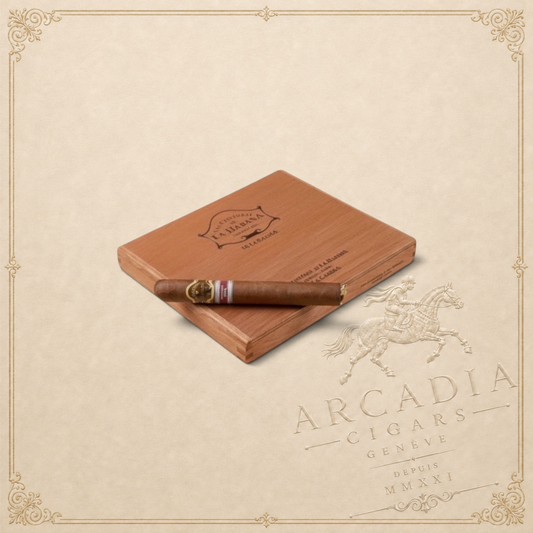 Arcadia Cigars San Cristóbal de la Habana La Cabaña Edición Regional Cuba 2019 cigar on wooden box. Medium-bodied with cream, cedar, and spice notes.