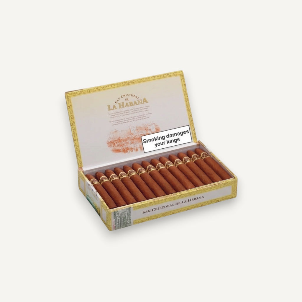 Arcadia Cigars San Cristobal De La Habana La Punta pirámide cigars in an open box. Creamy cedar, roasted nut, and spice notes.