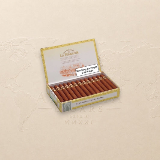 Arcadia Cigars San Cristobal De La Habana La Punta pirámide cigars in an open box. Creamy cedar, roasted nut, and spice notes.