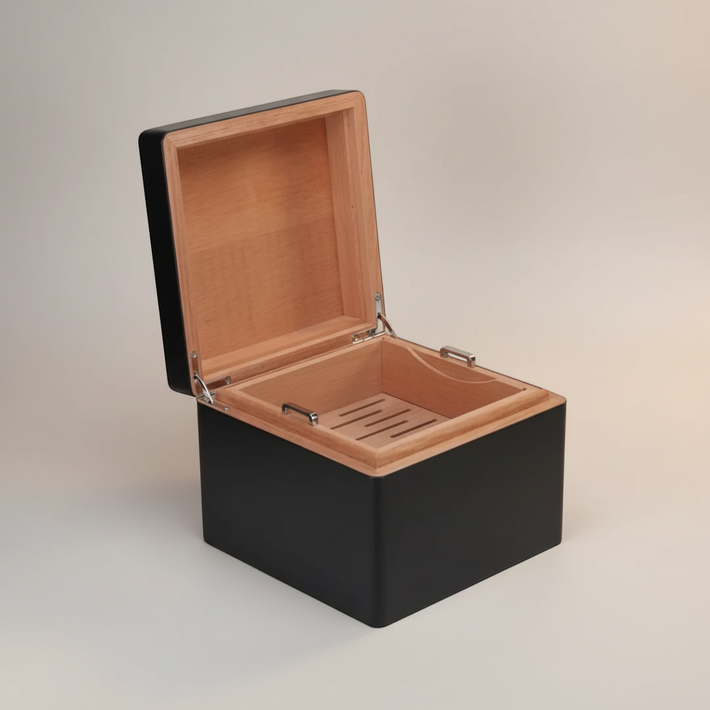Arcadia Cigars S.T. Dupont black lacquered wood cigar humidor with palladium details, holds 50-75 cigars.