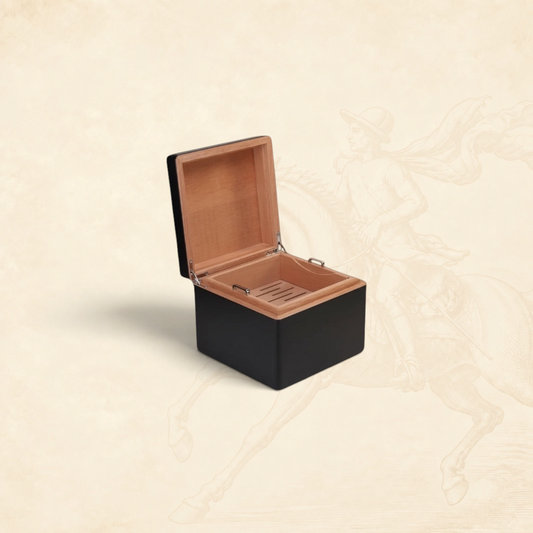 Arcadia Cigars S.T. Dupont black lacquered wood cigar humidor with palladium details, holds 50-75 cigars.