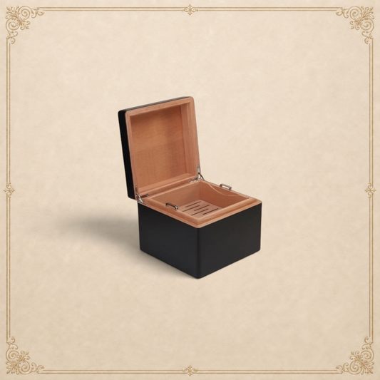 Arcadia Cigars S.T. Dupont black lacquered wood cigar humidor with palladium details, holds 50-75 cigars.