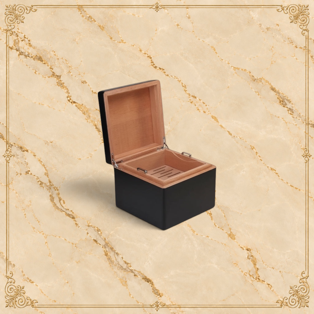 Arcadia Cigars S.T. Dupont black lacquered wood cigar humidor with palladium details, holds 50-75 cigars.
