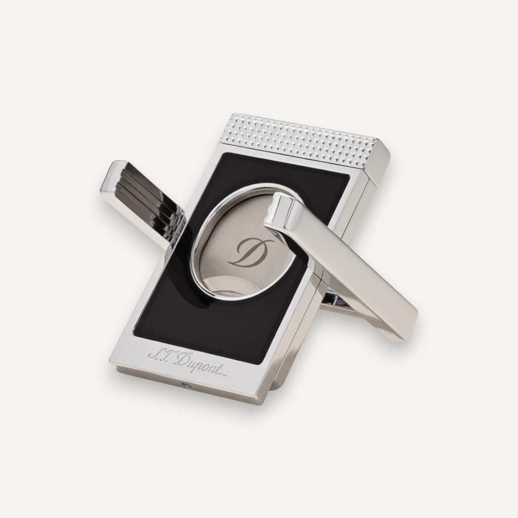 Arcadia Cigars S.T. Dupont chrome cigar cutter with double blades and black inlay. Precision straight cut.