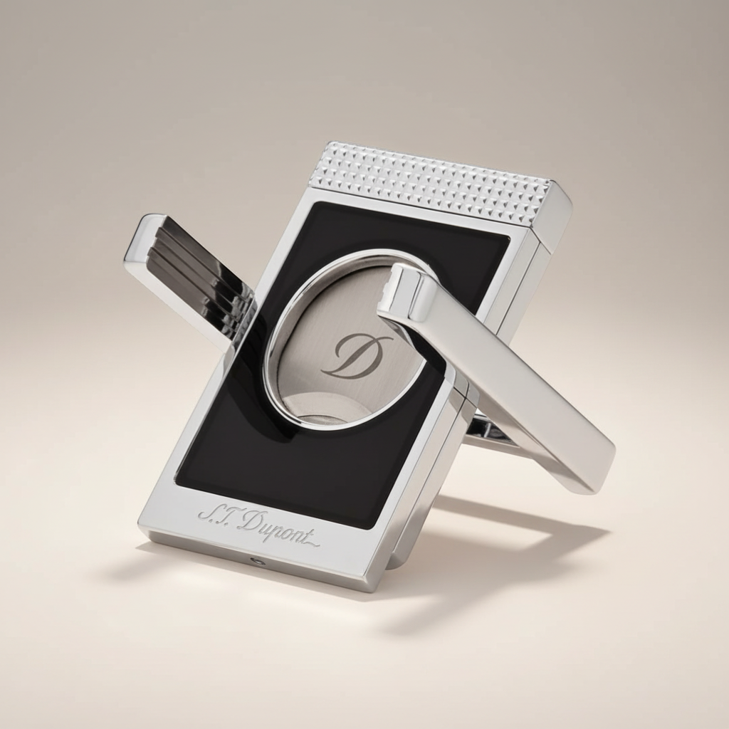 Arcadia Cigars S.T. Dupont chrome cigar cutter with double blades and black inlay. Precision straight cut.