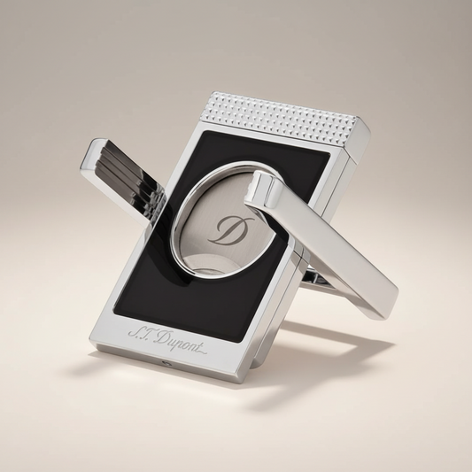 Arcadia Cigars S.T. Dupont chrome cigar cutter with double blades and black inlay. Precision straight cut.