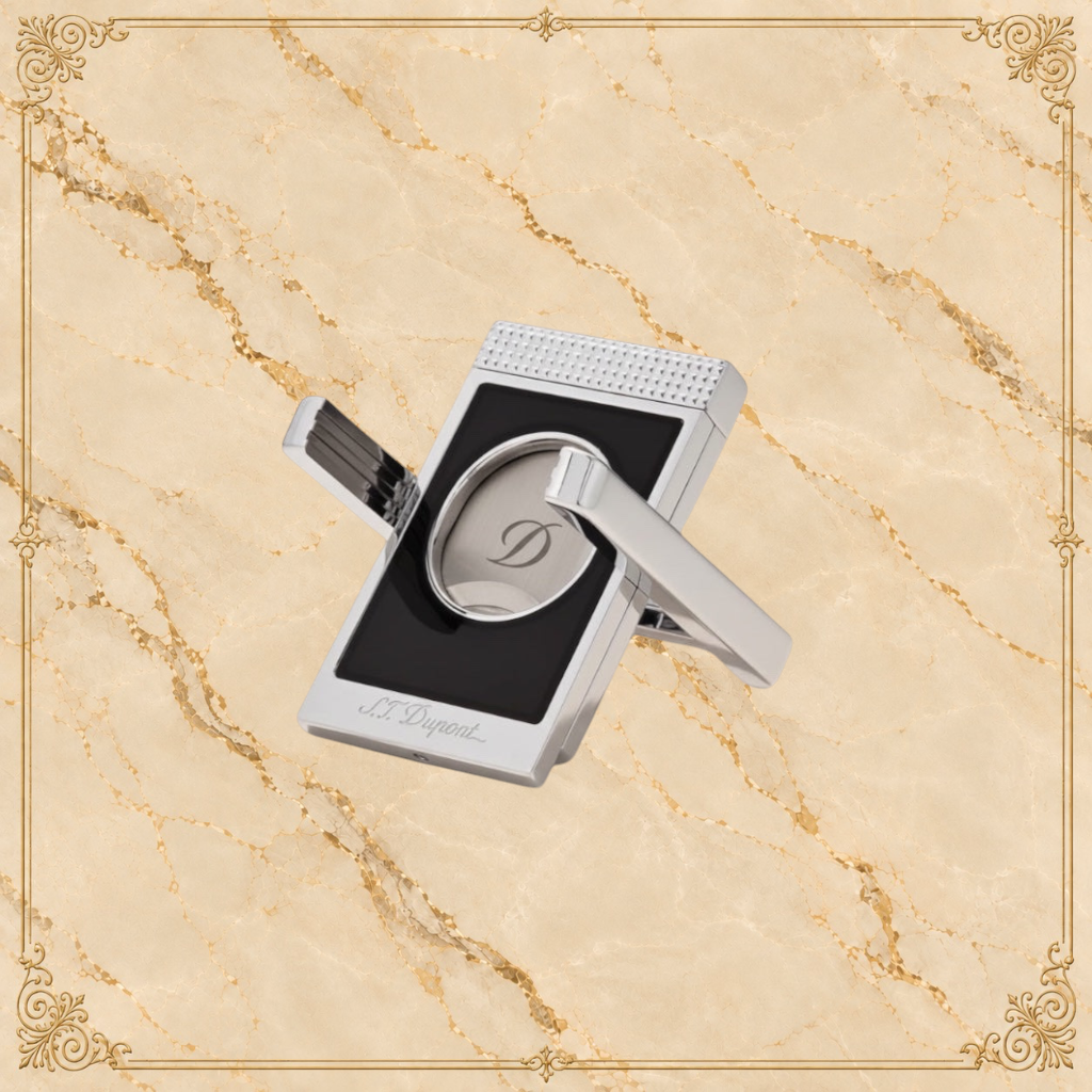Arcadia Cigars S.T. Dupont chrome cigar cutter with double blades and black inlay. Precision straight cut.