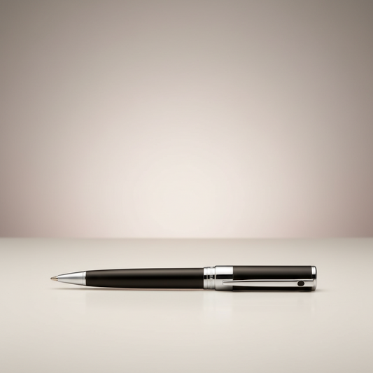 Arcadia Cigars S.T. Dupont D-Initial black lacquer fountain pen with chrome accents and stainless steel nib.