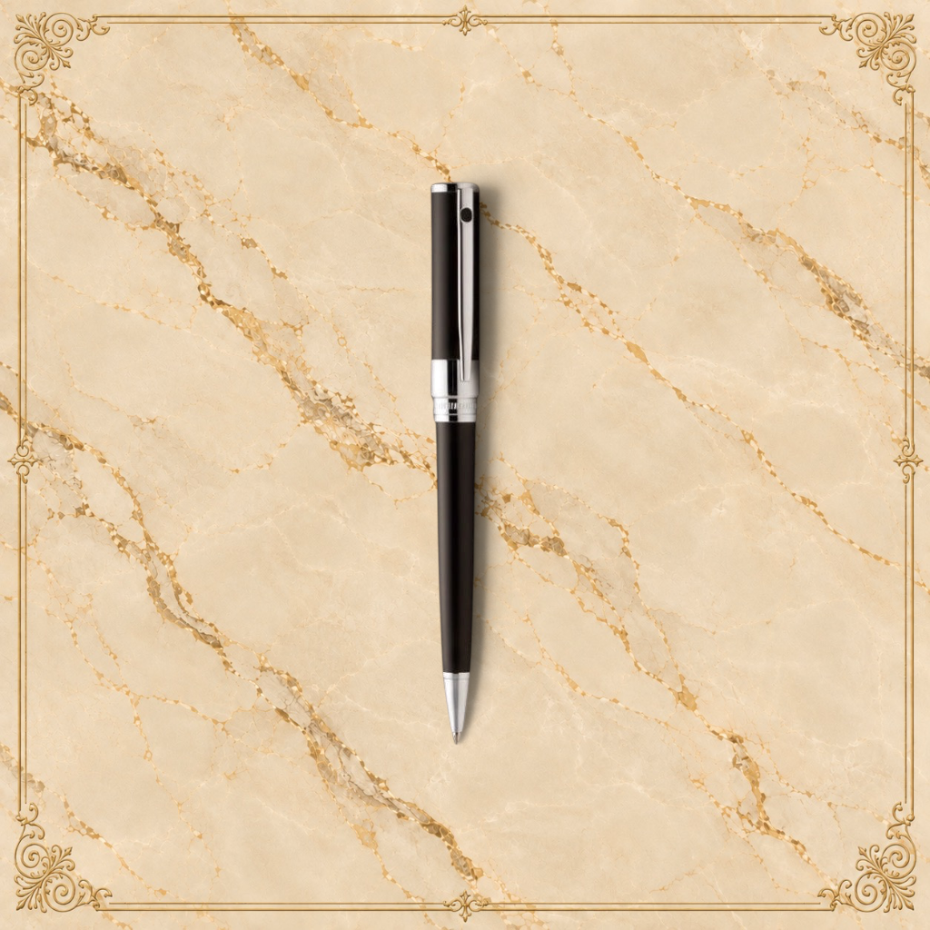 Arcadia Cigars S.T. Dupont D-Initial black lacquer fountain pen with chrome accents and stainless steel nib.
