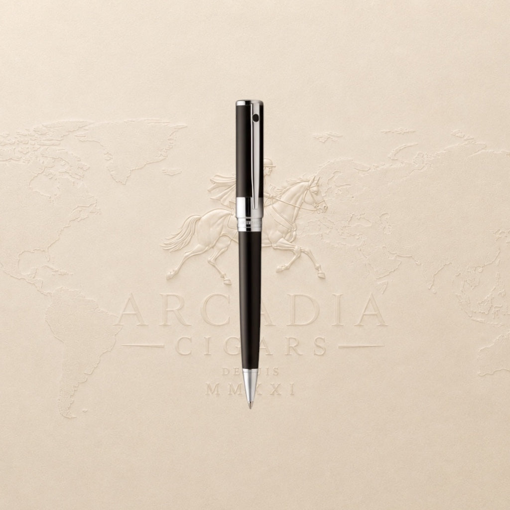 Arcadia Cigars S.T. Dupont D-Initial black lacquer fountain pen with chrome accents and stainless steel nib.