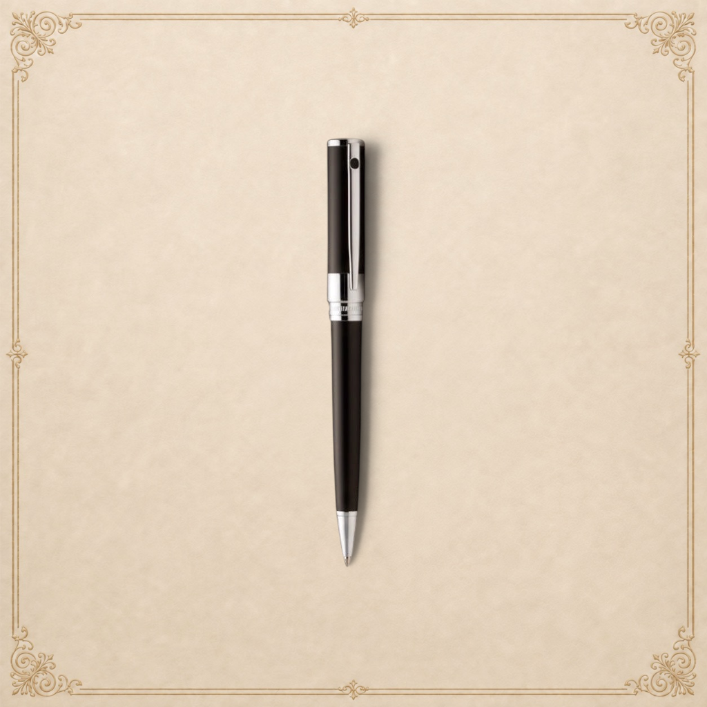 Arcadia Cigars S.T. Dupont D-Initial black lacquer fountain pen with chrome accents and stainless steel nib.