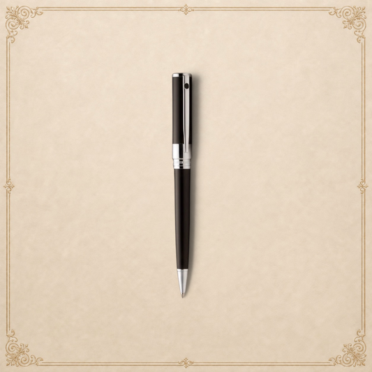 Arcadia Cigars S.T. Dupont D-Initial black lacquer fountain pen with chrome accents and stainless steel nib.
