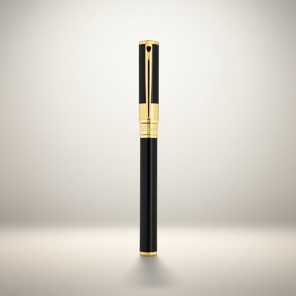 Arcadia Cigars S.T. Dupont D-Initial black lacquer and gold rollerball pen with classic design.