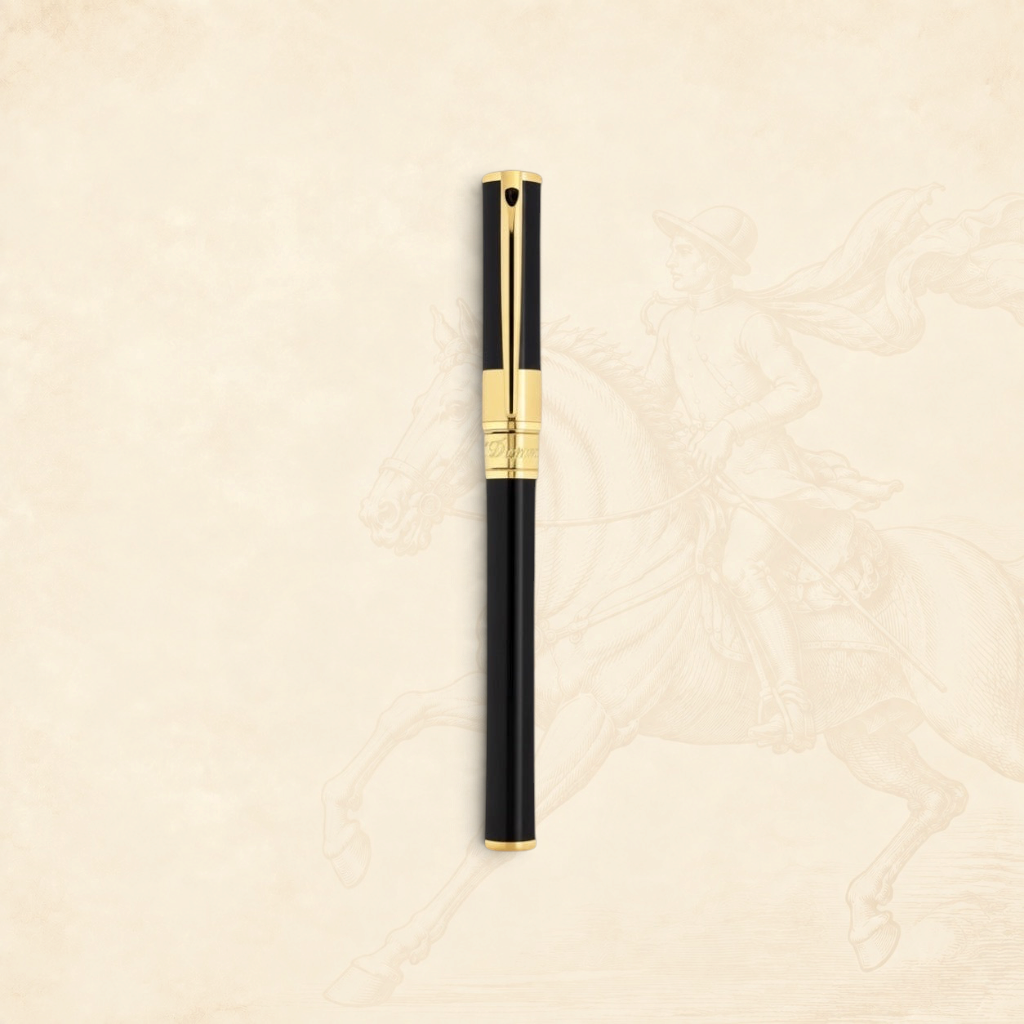 Arcadia Cigars S.T. Dupont D-Initial black lacquer and gold rollerball pen with classic design.