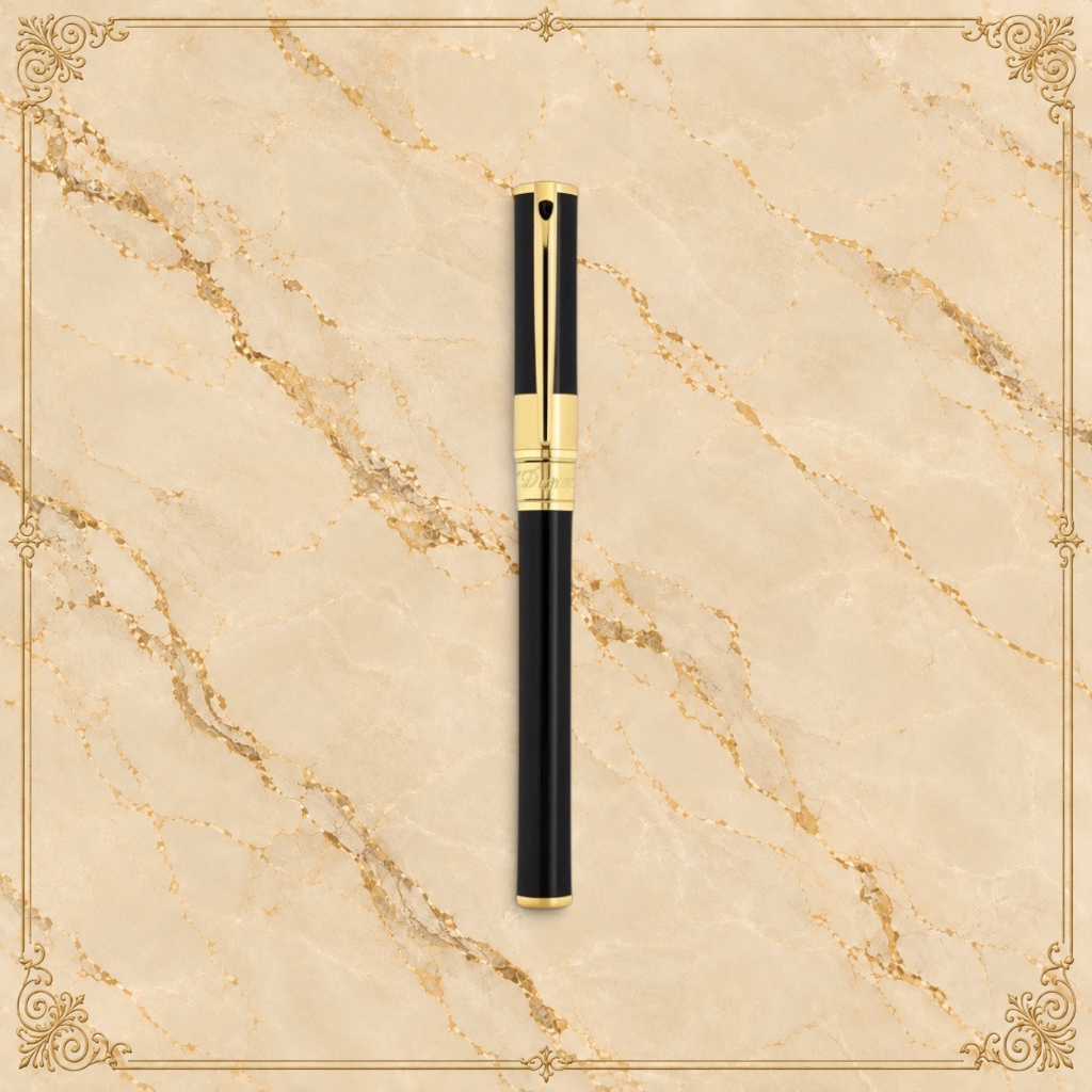 Arcadia Cigars S.T. Dupont D-Initial black lacquer and gold rollerball pen with classic design.