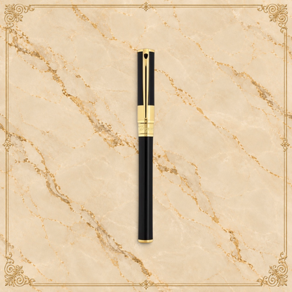 Arcadia Cigars S.T. Dupont D-Initial black lacquer and gold rollerball pen with classic design.