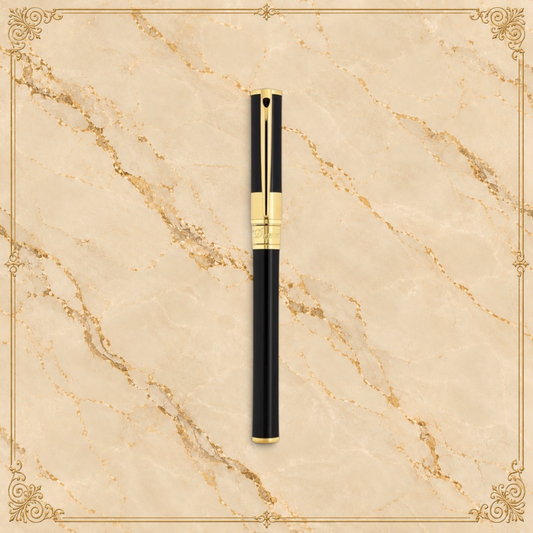 Arcadia Cigars S.T. Dupont D-Initial black lacquer and gold rollerball pen with classic design.