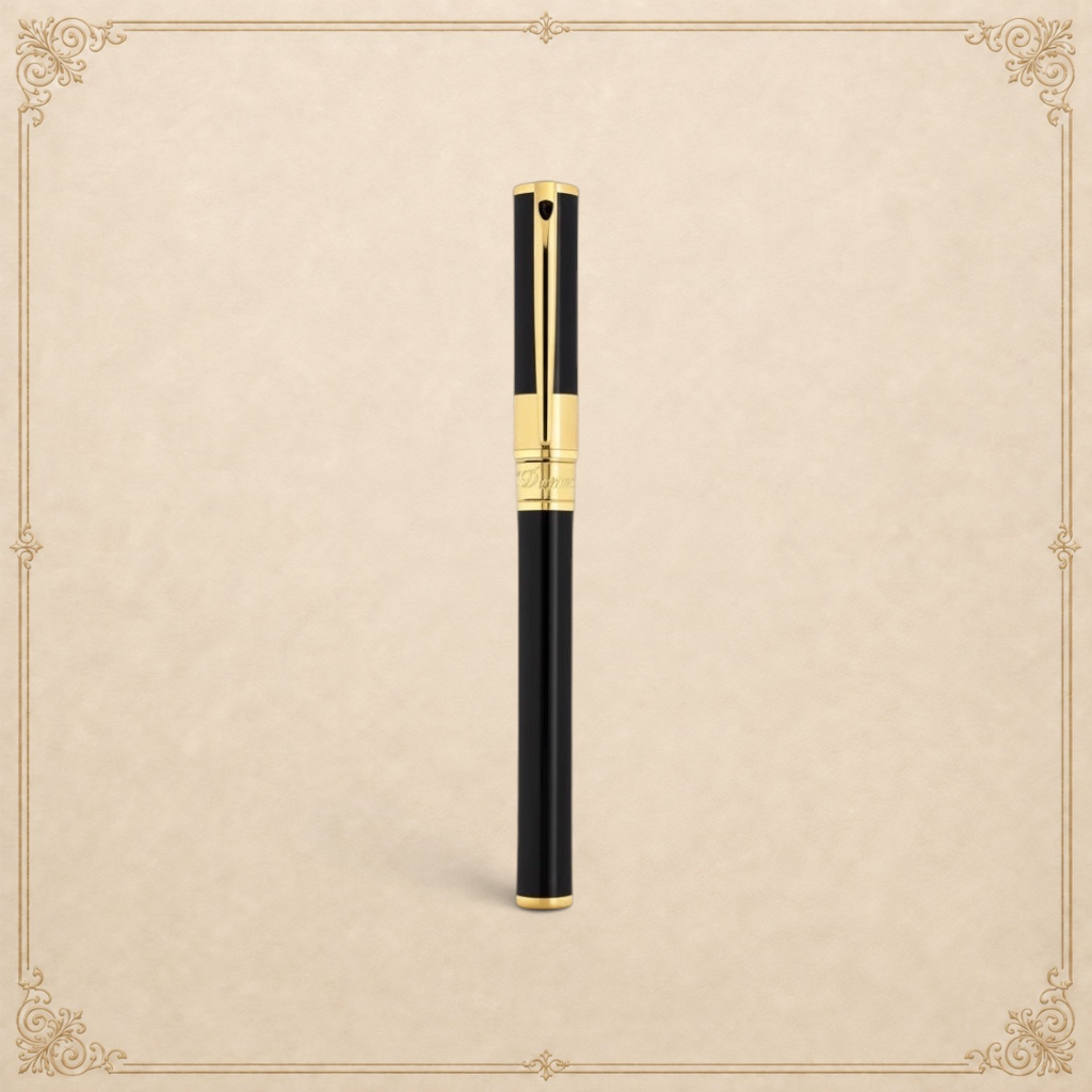 Arcadia Cigars S.T. Dupont D-Initial black lacquer and gold rollerball pen with classic design.