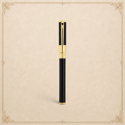 Arcadia Cigars S.T. Dupont D-Initial black lacquer and gold rollerball pen with classic design.