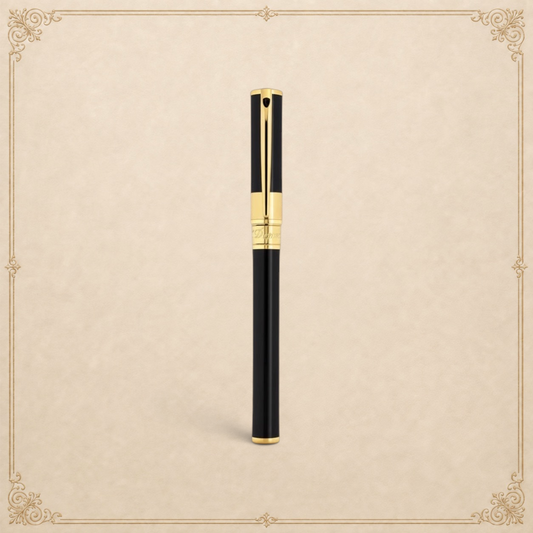 Arcadia Cigars S.T. Dupont D-Initial black lacquer and gold rollerball pen with classic design.