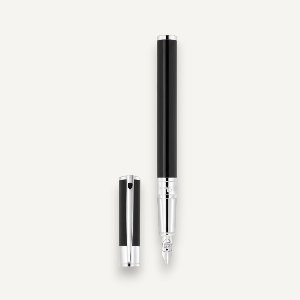 Arcadia Cigars S.T. Dupont D-Initial black lacquer fountain pen with chrome trim and stainless steel nib.