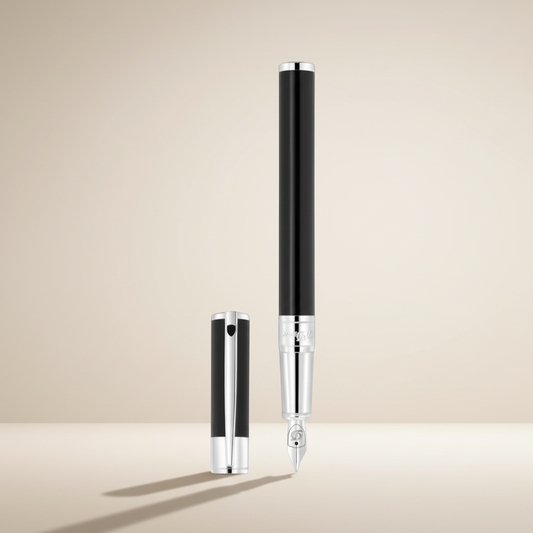 Arcadia Cigars S.T. Dupont D-Initial black lacquer fountain pen with chrome trim and stainless steel nib.